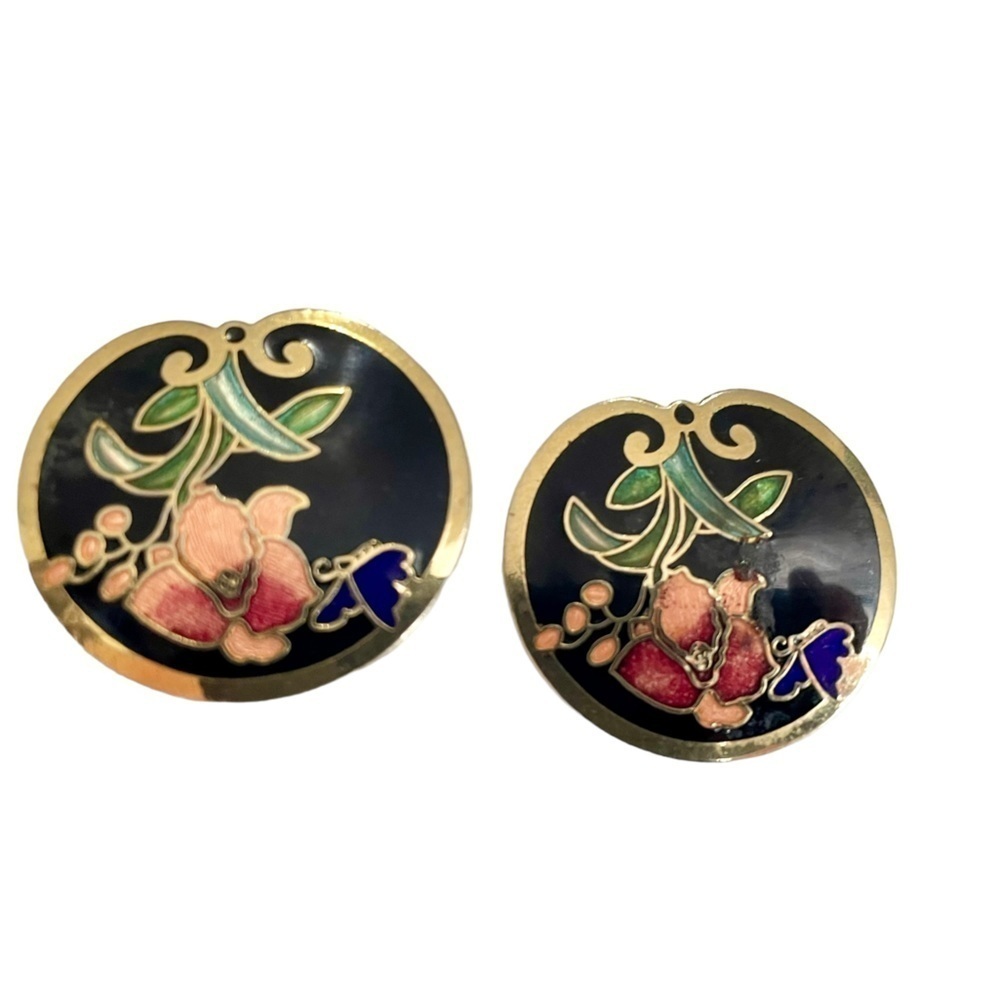 Vintage‎ ILIS Cloisonne earrings Clips Gold Tone Black Enamel Iris & Butterfly
